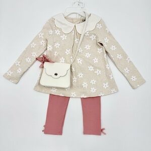 NWT MAX STUDIO kids Girl’s Floral Beige Top & Pink Leggings Set w/ White Bag 4T